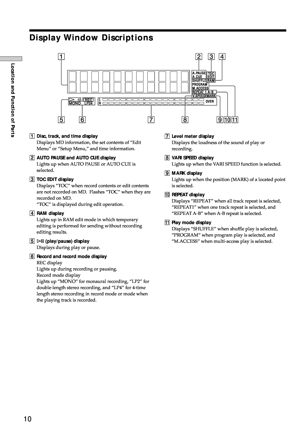 Sony MDS-E12 operating instructions Display Window Discriptions, 9q qa 