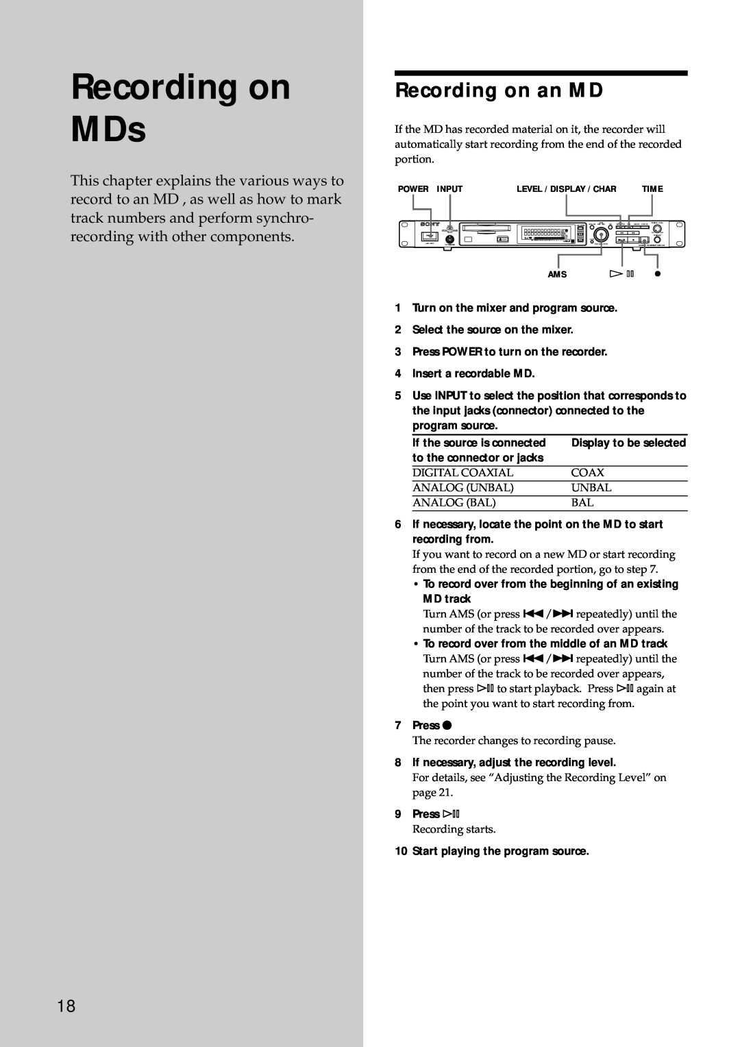 Sony MDS-E12 operating instructions Recording on MDs, Recording on an MD 