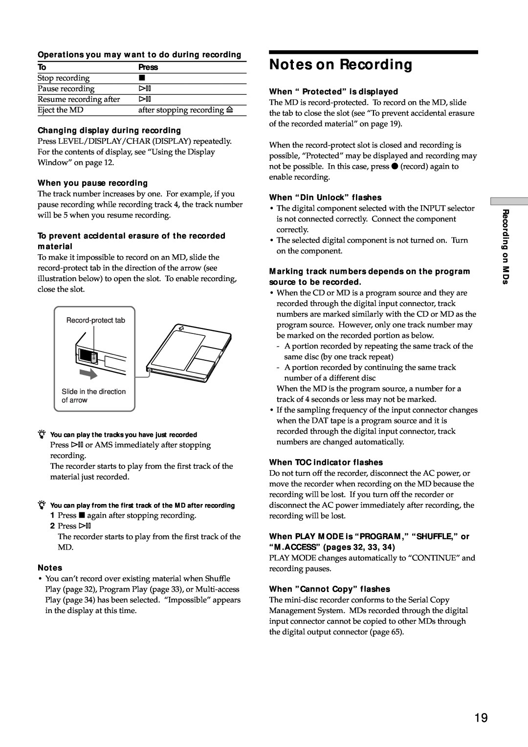 Sony MDS-E12 operating instructions Notes on Recording 