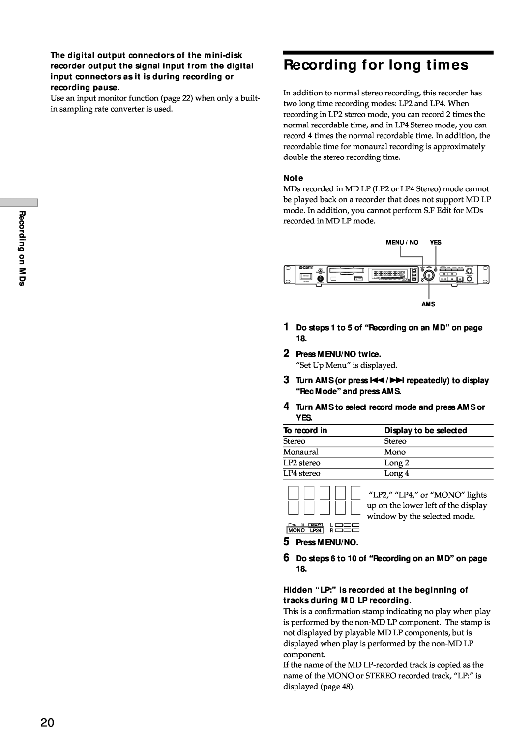 Sony MDS-E12 operating instructions Recording for long times 