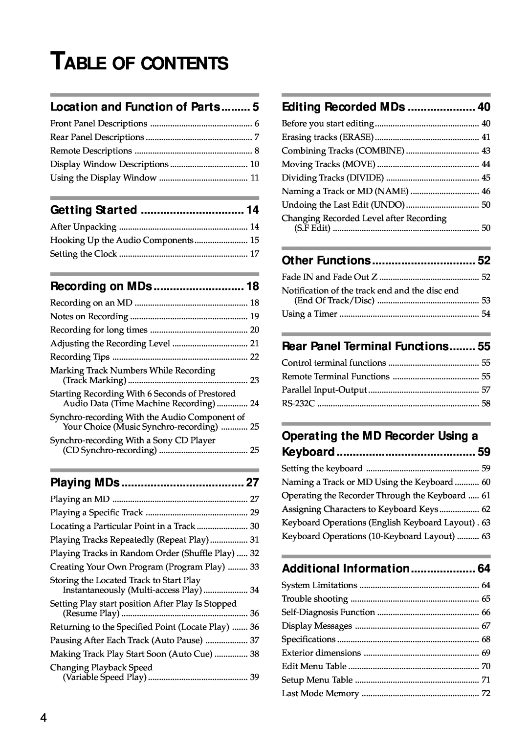 Sony MDS-E12 operating instructions Table Of Contents, Operating the MD Recorder Using a, Additional Information 