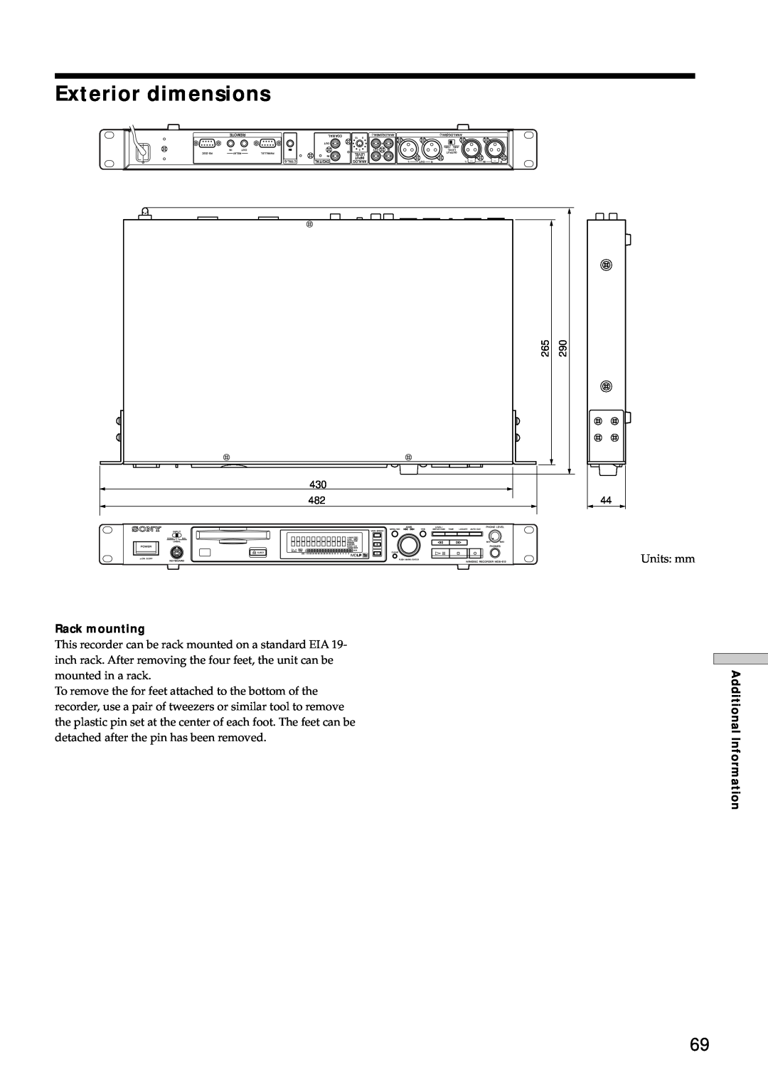 Sony MDS-E12 operating instructions Exterior dimensions, Rack mounting, Additional Information 