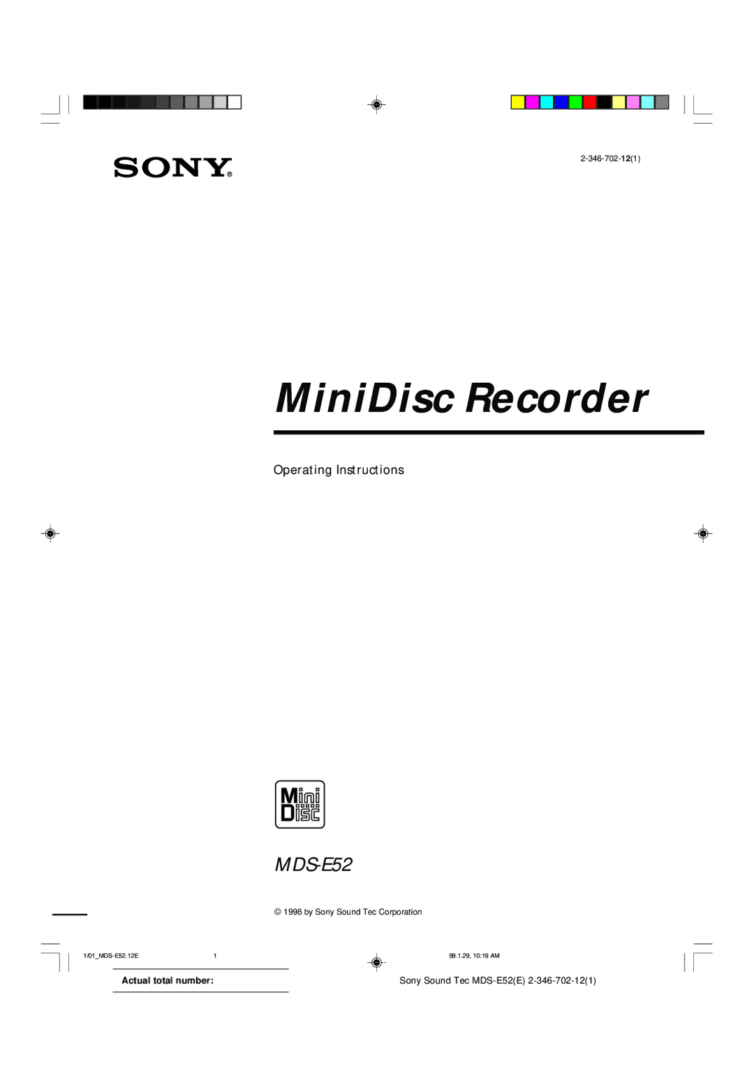 Sony MDS-E52 manual MiniDisc Recorder 