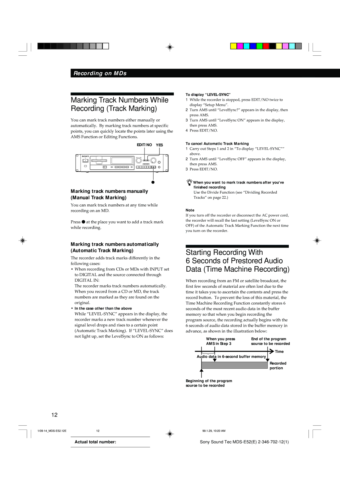 Sony MDS-E52 manual To display LEVEL-SYNC, To cancel Automatic Track Marking, Case other than the above 