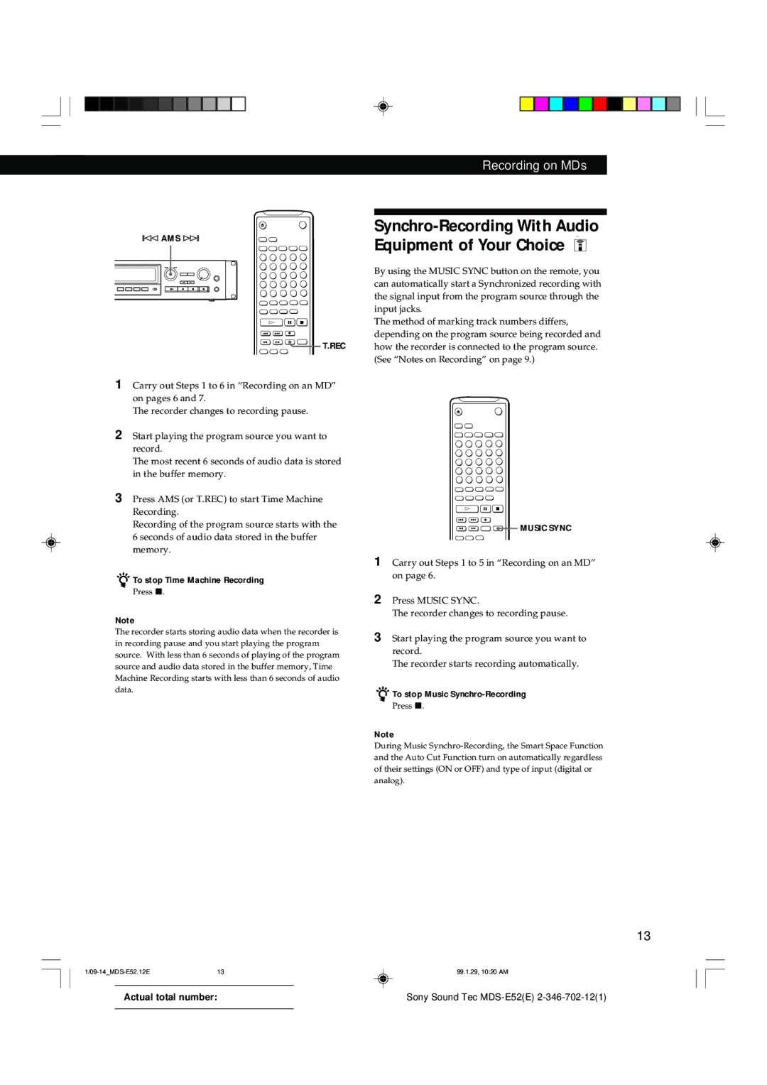 Sony MDS-E52 manual To stop Time Machine Recording, To stop Music Synchro-Recording 