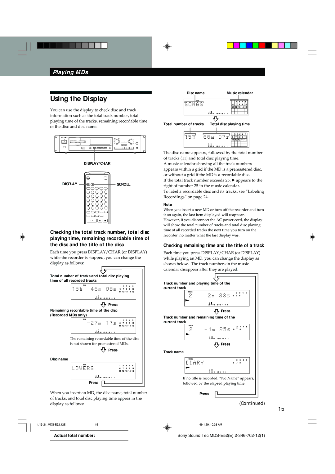 Sony MDS-E52 manual Using the Display, Checking remaining time and the title of a track 