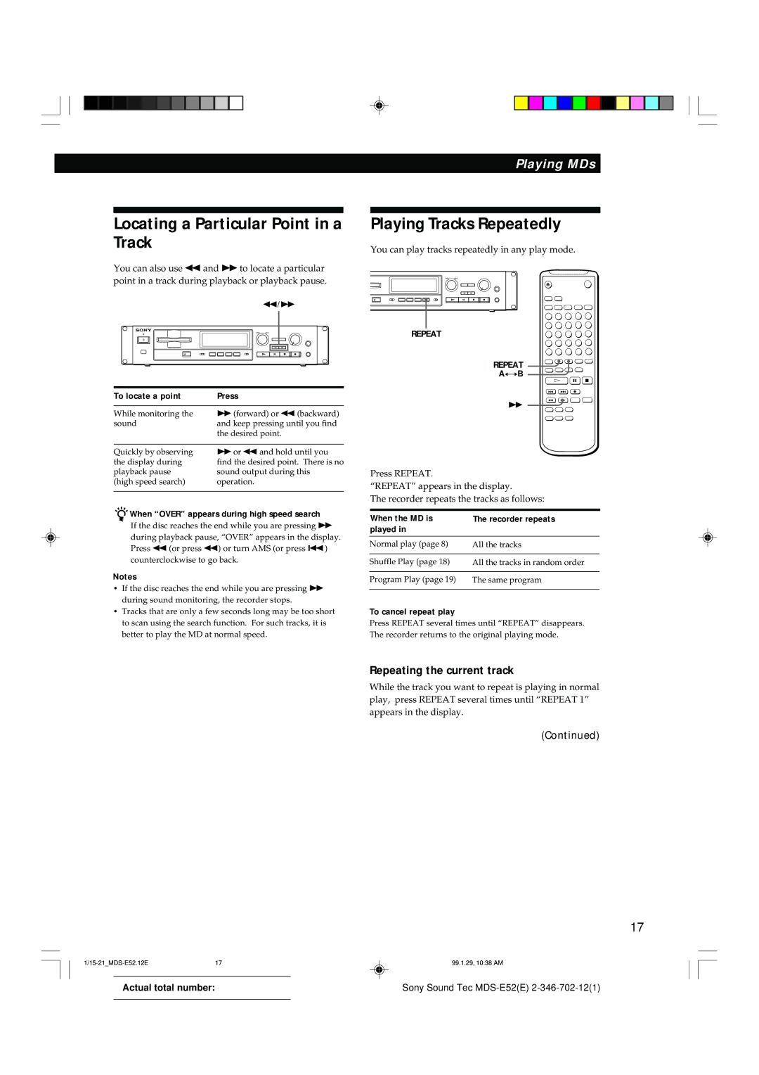 Sony MDS-E52 manual Locating a Particular Point in a Track, Playing Tracks Repeatedly, Repeating the current track 