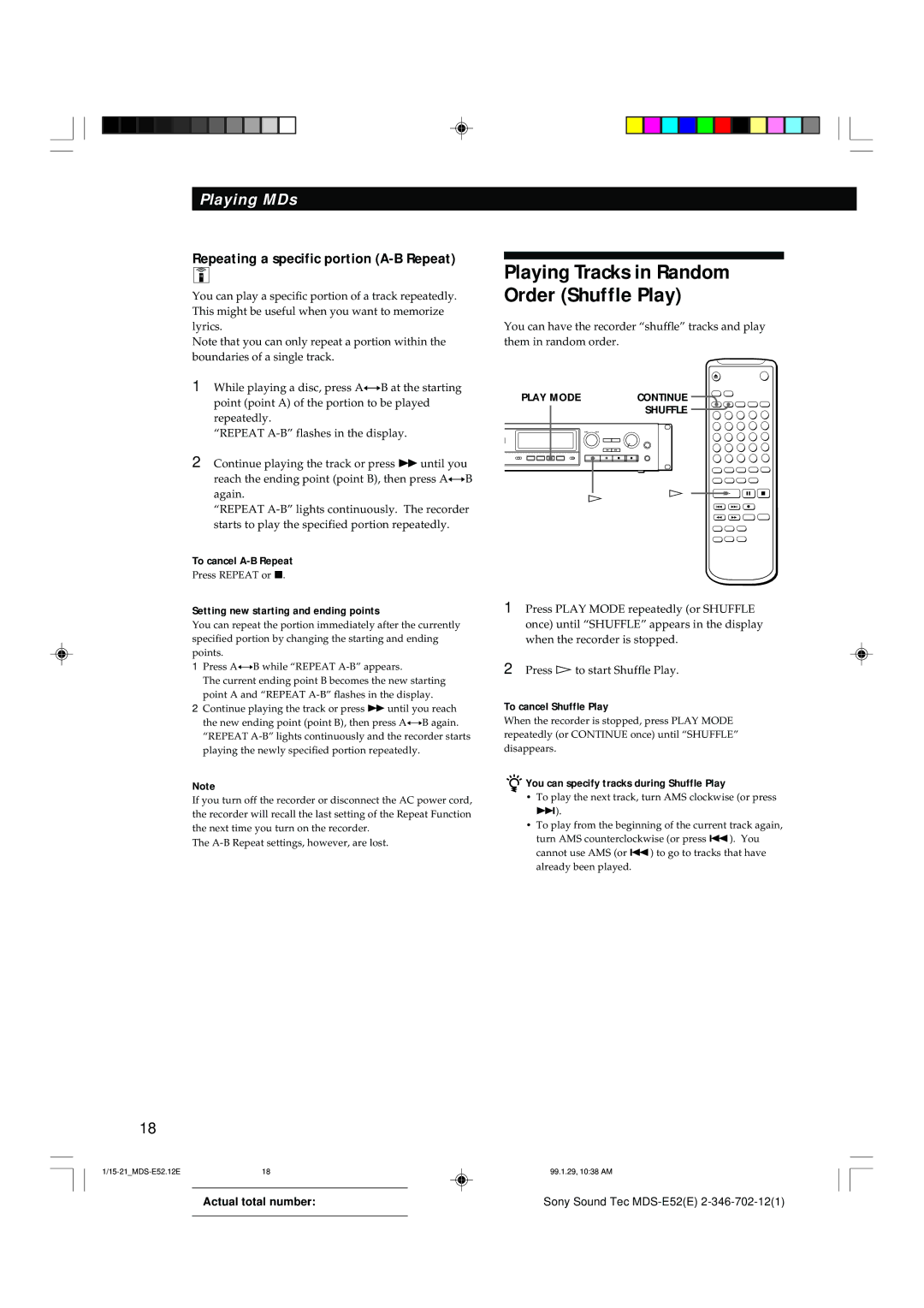 Sony MDS-E52 manual Repeating a specific portion A-B Repeat, To cancel A-B Repeat, Setting new starting and ending points 