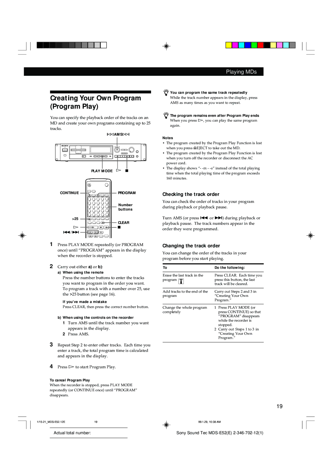 Sony MDS-E52 manual Creating Your Own Program Program Play, Checking the track order, Changing the track order 