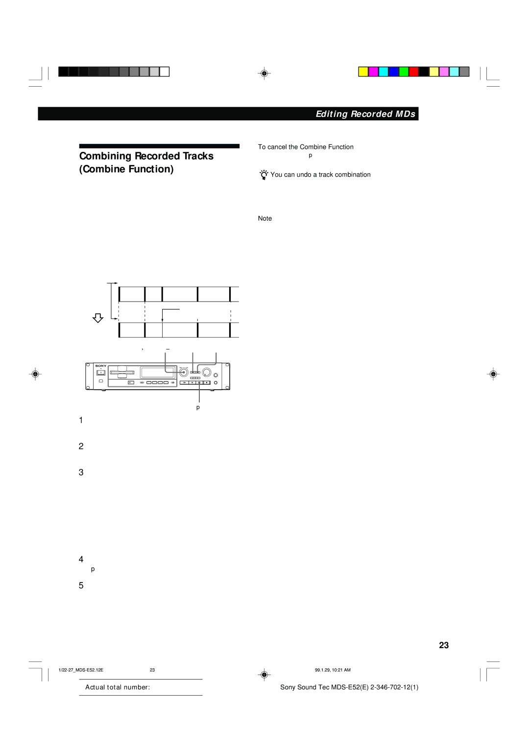 Sony MDS-E52 manual To cancel the Combine Function, You can undo a track combination 