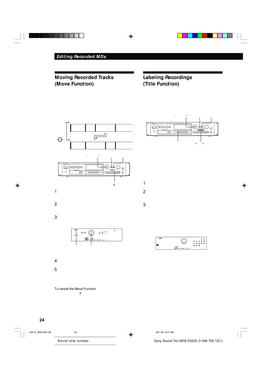 Sony MDS-E52 manual Moving Recorded Tracks Move Function, Labeling Recordings Title Function 