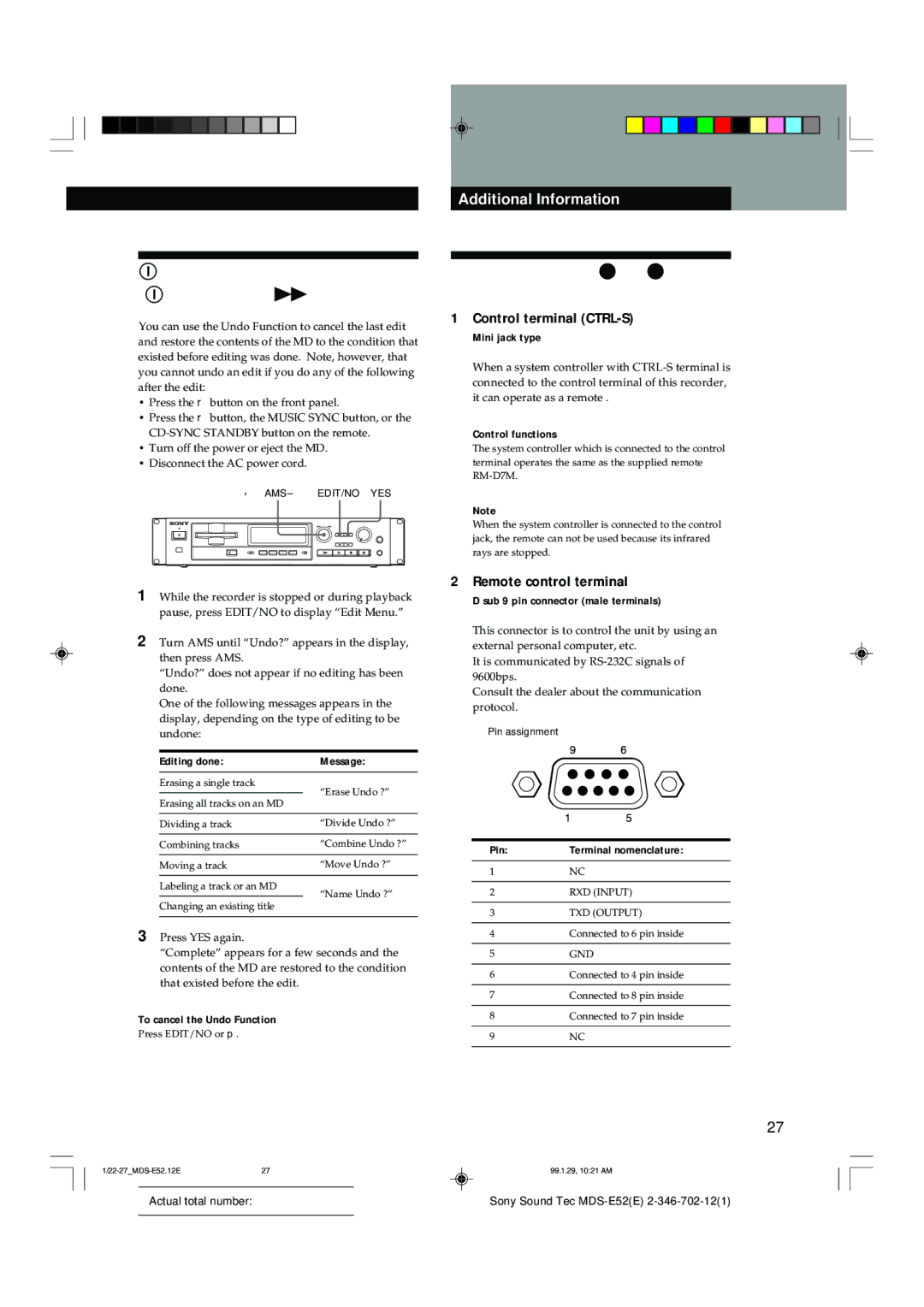 Sony MDS-E52 manual Function of Control Terminal, Control terminal CTRL-S, Remote control terminal 