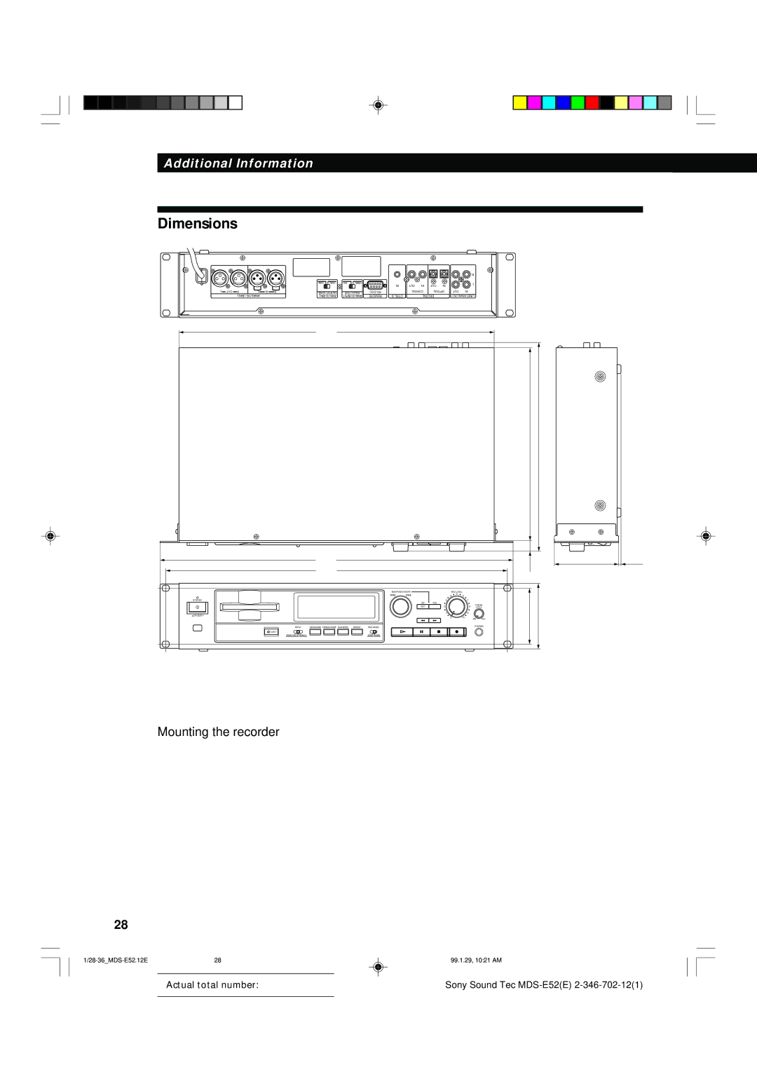 Sony MDS-E52 manual Dimensions, Mounting the recorder 