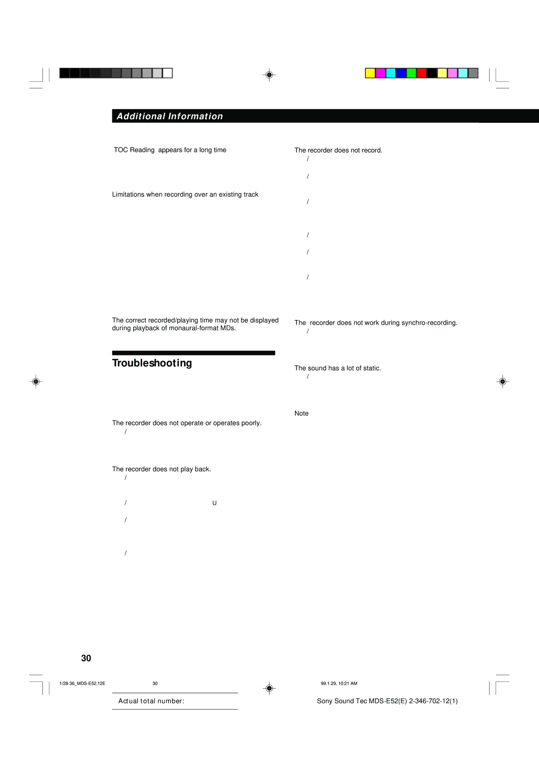 Sony MDS-E52 manual Troubleshooting 