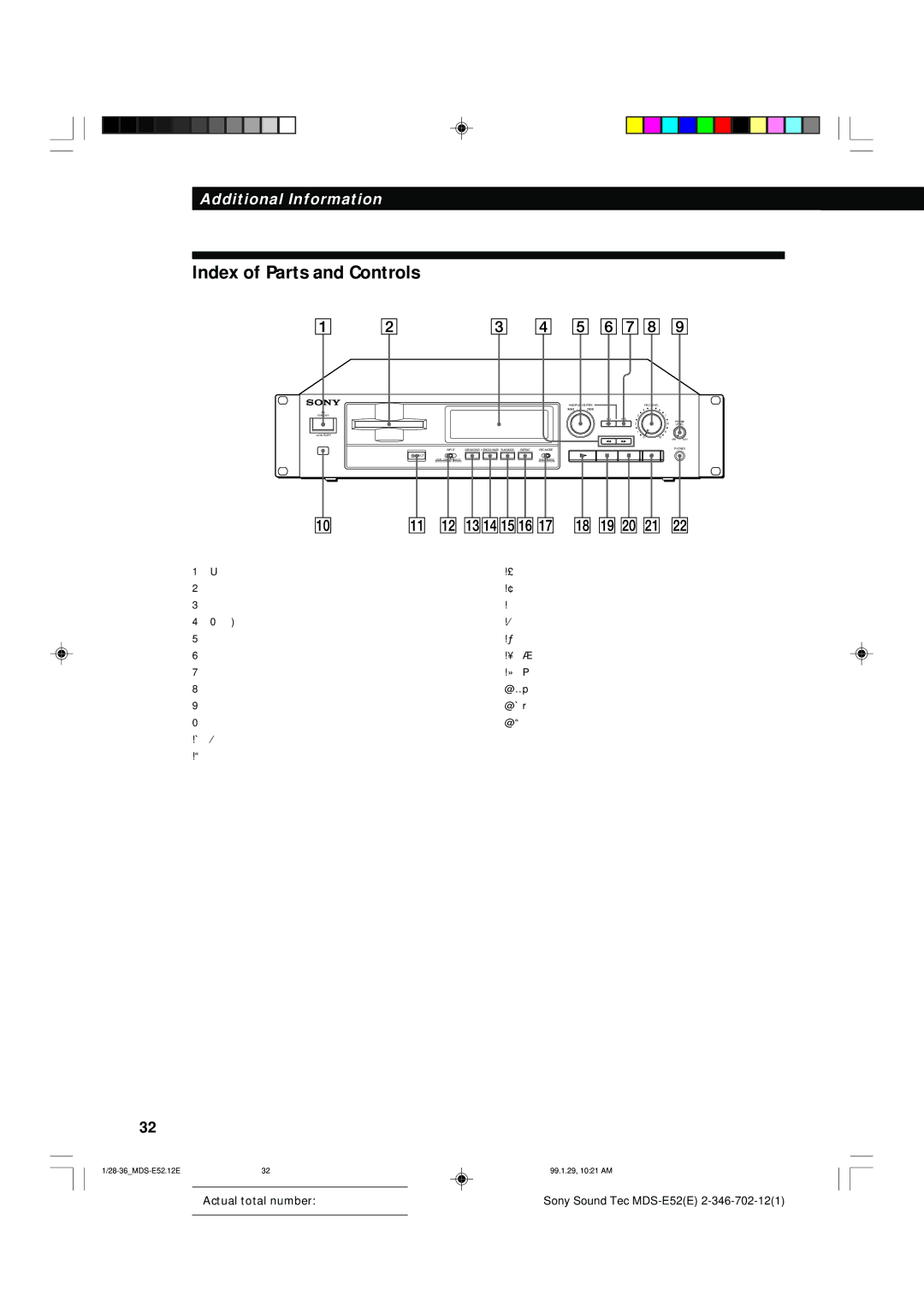 Sony MDS-E52 manual Index of Parts and Controls 