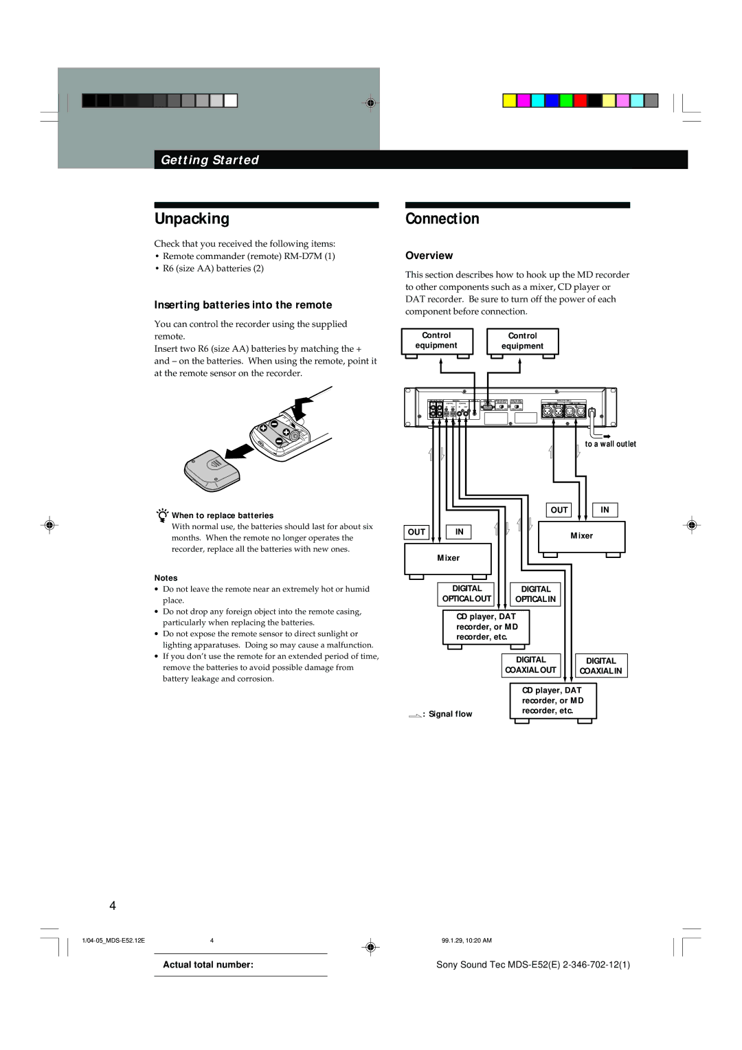 Sony MDS-E52 manual Unpacking, Connection, Inserting batteries into the remote, Overview, When to replace batteries 