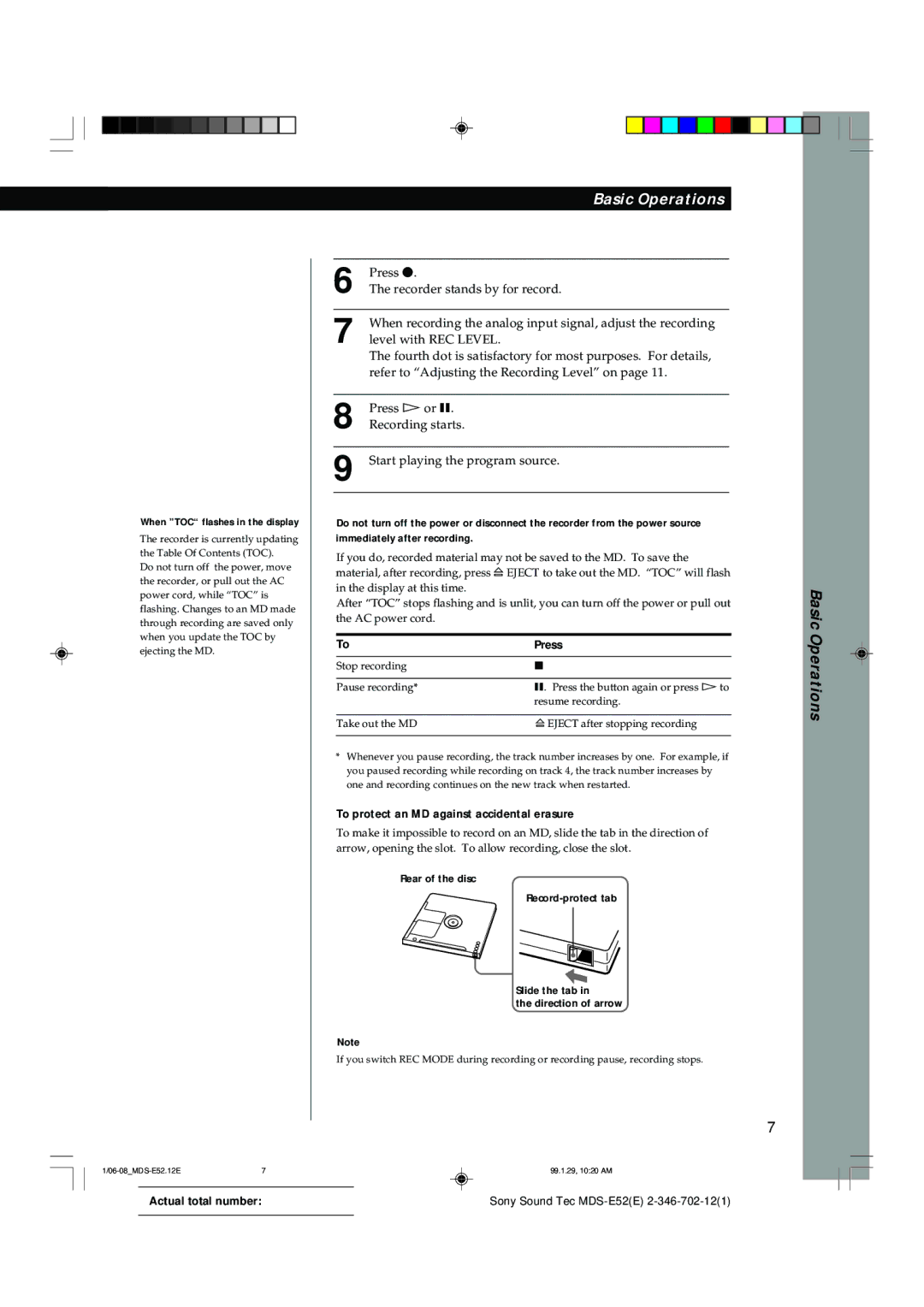 Sony MDS-E52 manual Press, When TOC flashes in the display 