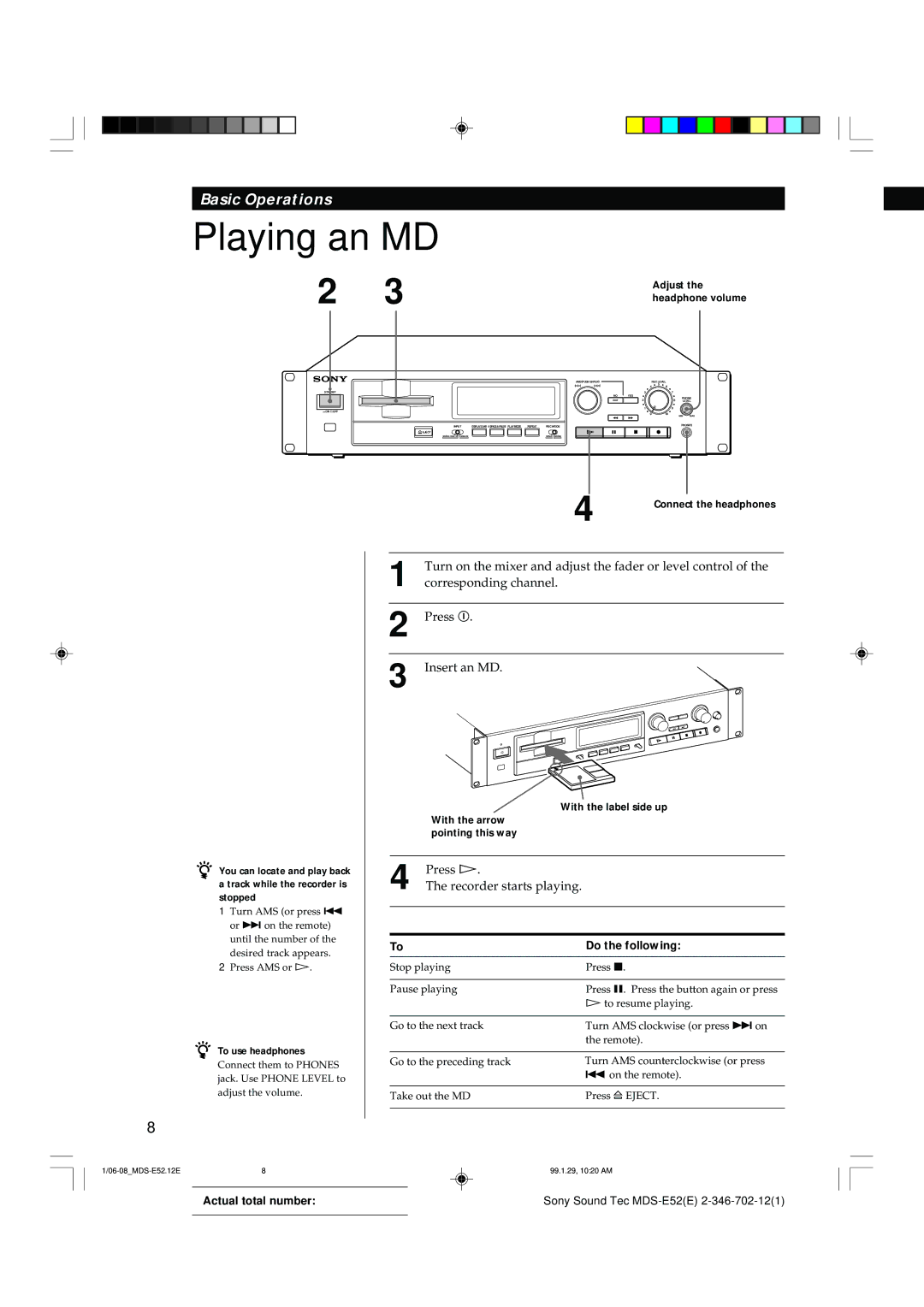 Sony MDS-E52 manual Playing an MD, Do the following 