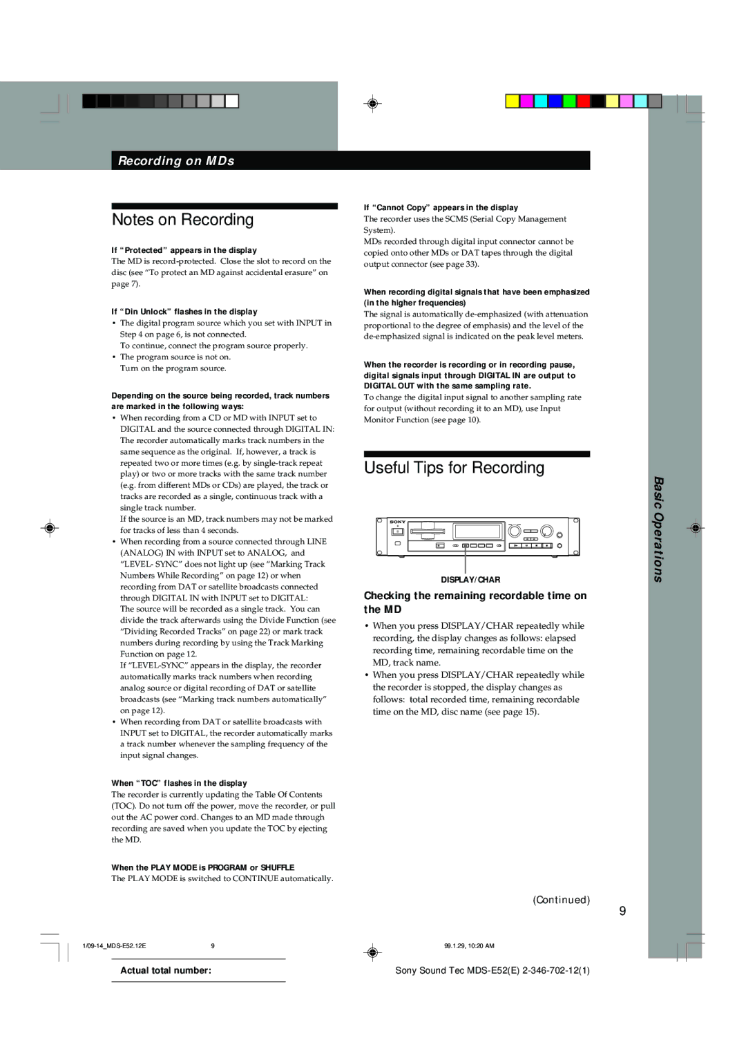 Sony MDS-E52 manual Useful Tips for Recording, Checking the remaining recordable time on the MD 