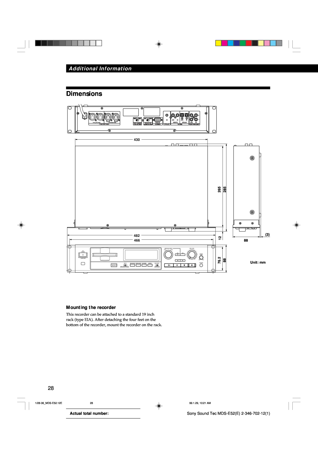 Sony manual Dimensions, Mounting the recorder, Additional Information, Actual total number, Sony Sound Tec MDS-E52E 