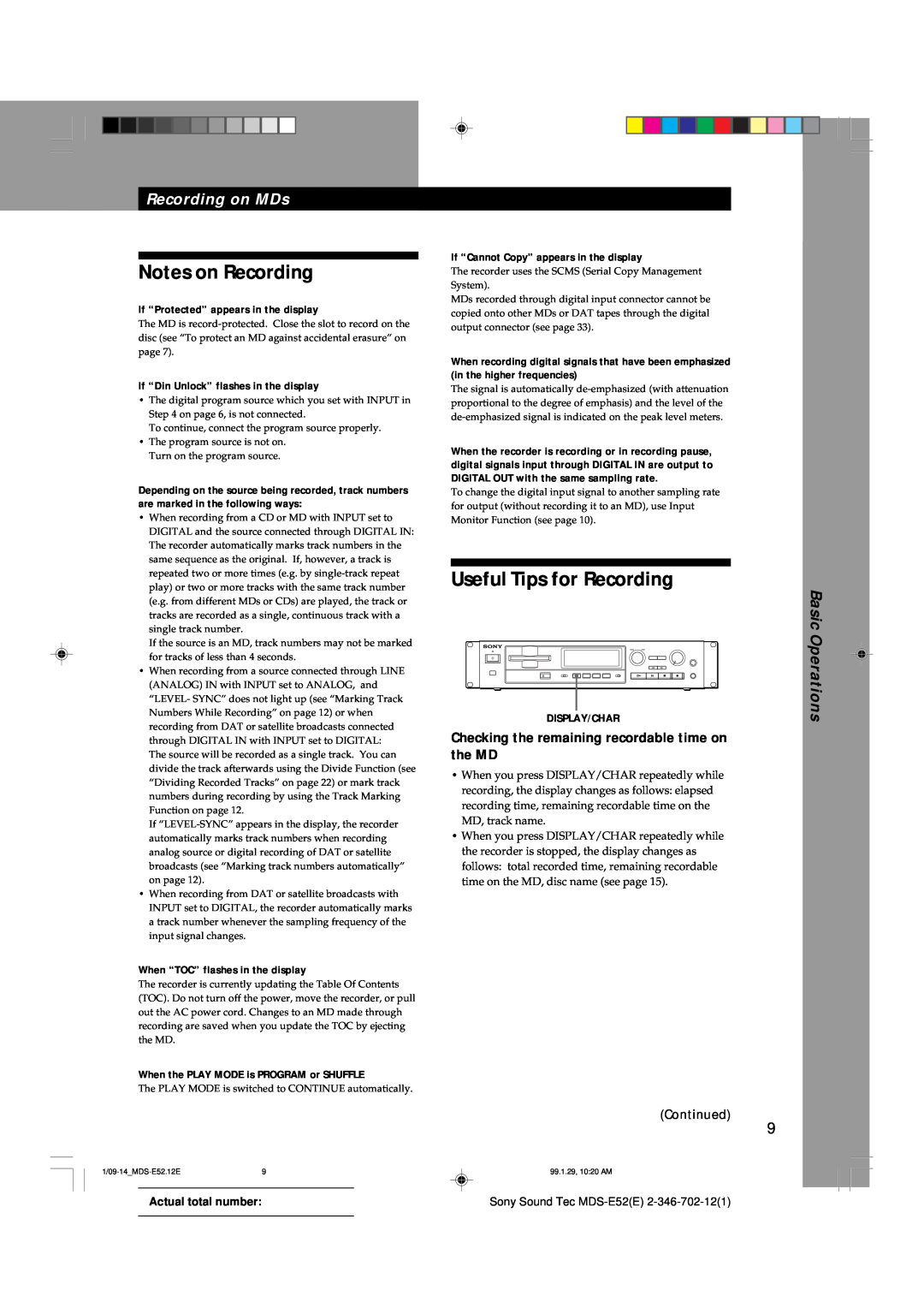 Sony MDS-E52 manual Notes on Recording, Useful Tips for Recording, Recording on MDs, Continued, Basic Operations 