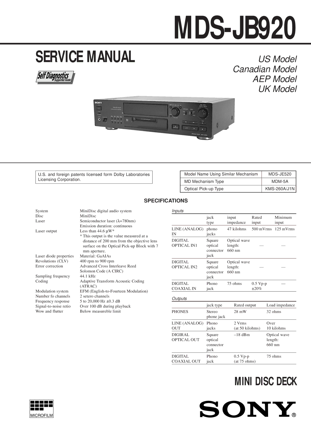 Sony MDS-JB920 service manual Specifications, MDS-JE520, MDM-5A 