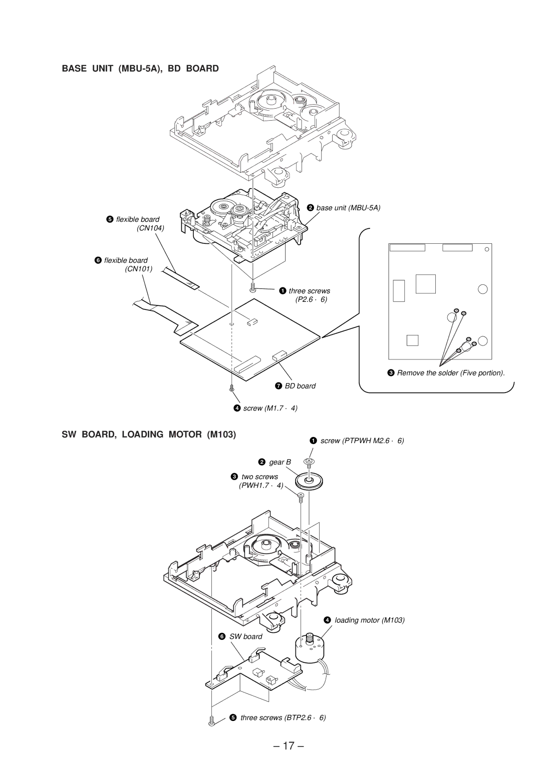 Sony MDS-JB920 service manual Base Unit MBU-5A, BD Board, SW BOARD, Loading Motor M103 