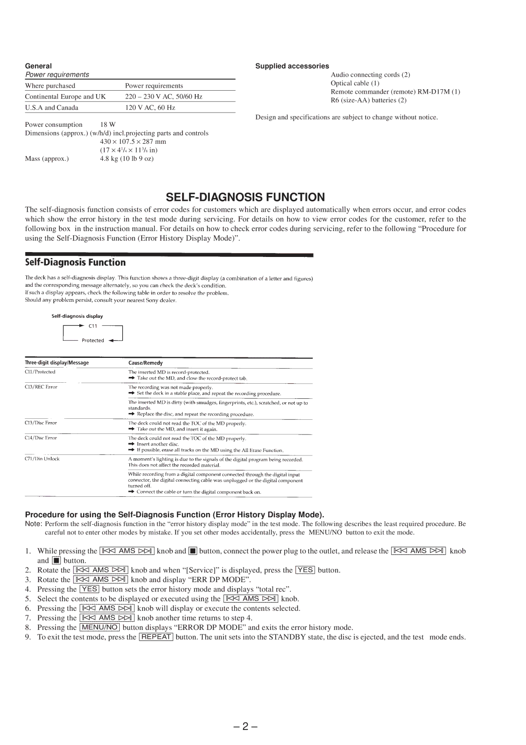 Sony MDS-JB920 service manual SELF-DIAGNOSIS Function, General 