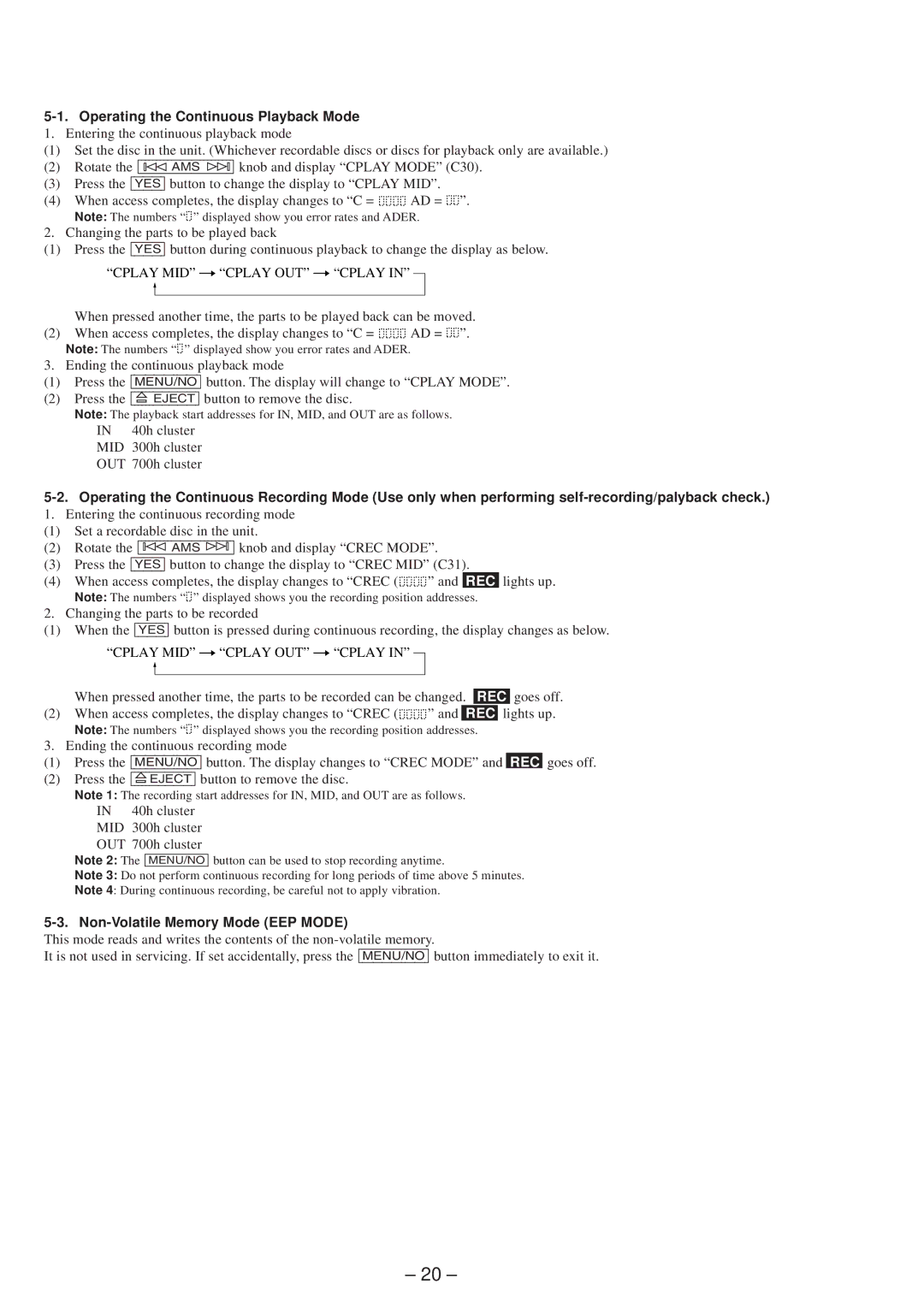 Sony MDS-JB920 service manual Operating the Continuous Playback Mode, Mid, Non-Volatile Memory Mode EEP Mode 