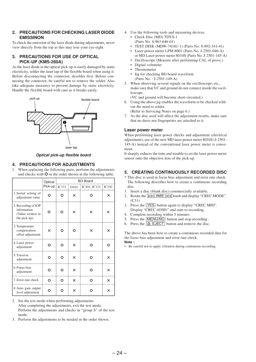 Sony MDS-JB920 Precautions for Checking Laser Diode Emissinon, Precautions for USE of Optical PICK-UP KMS-260A 