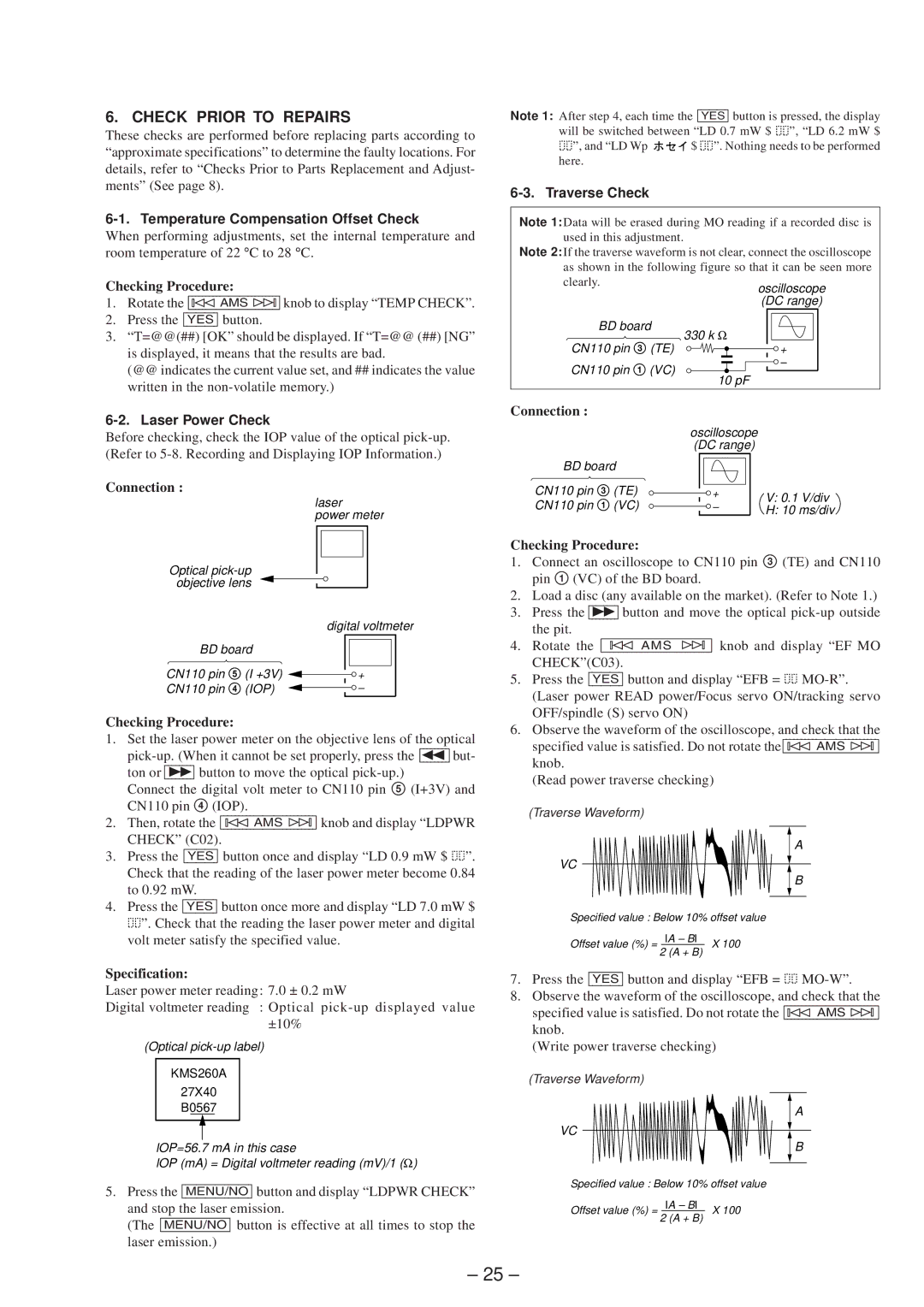 Sony MDS-JB920 Check Prior to Repairs, Temperature Compensation Offset Check, Laser Power Check, Traverse Check, KMS260A 