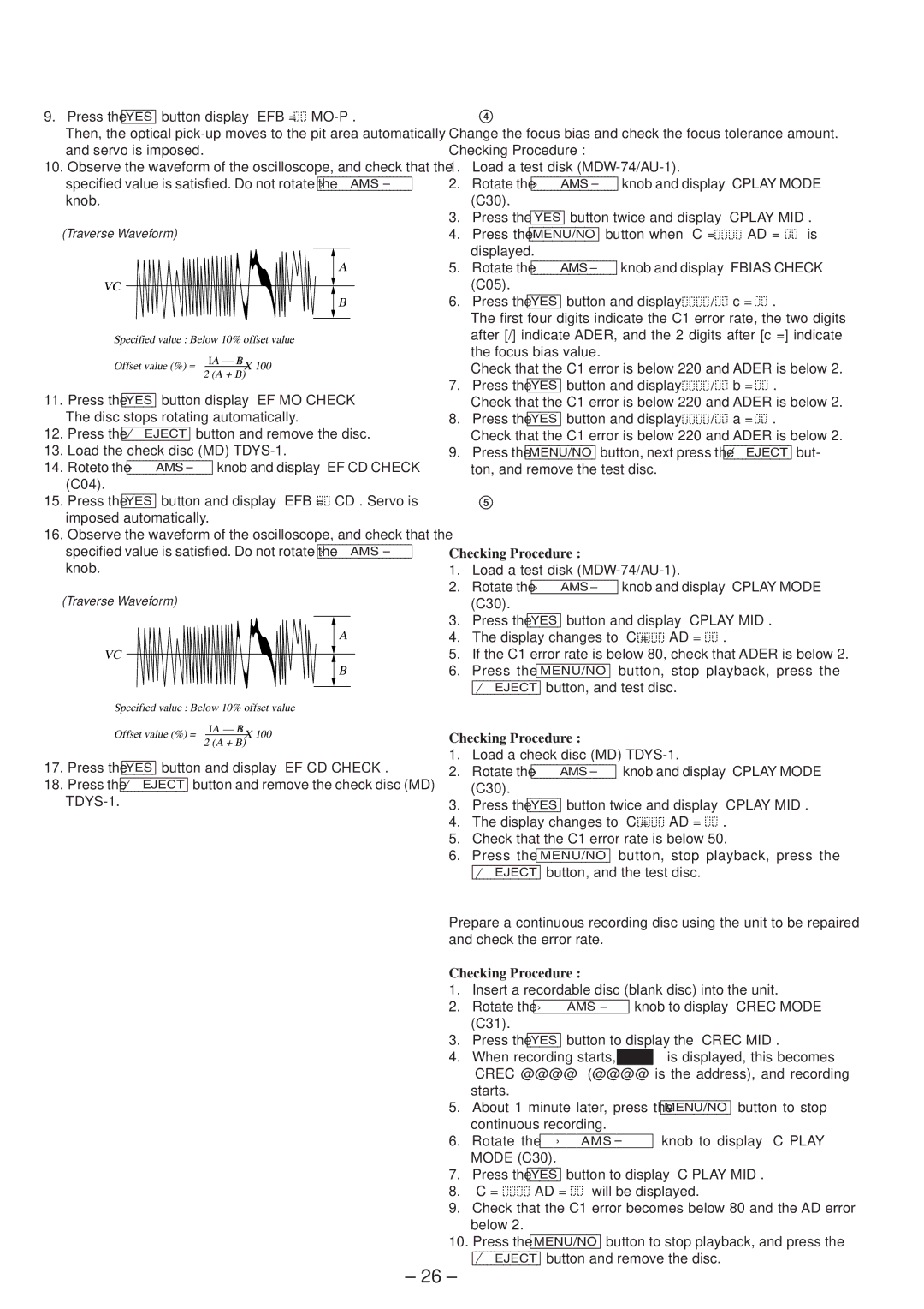 Sony MDS-JB920 Focus Bias Check, Play Checking MO Error Rate Check, CD Error Rate Check, Self-Recording/playback Check 