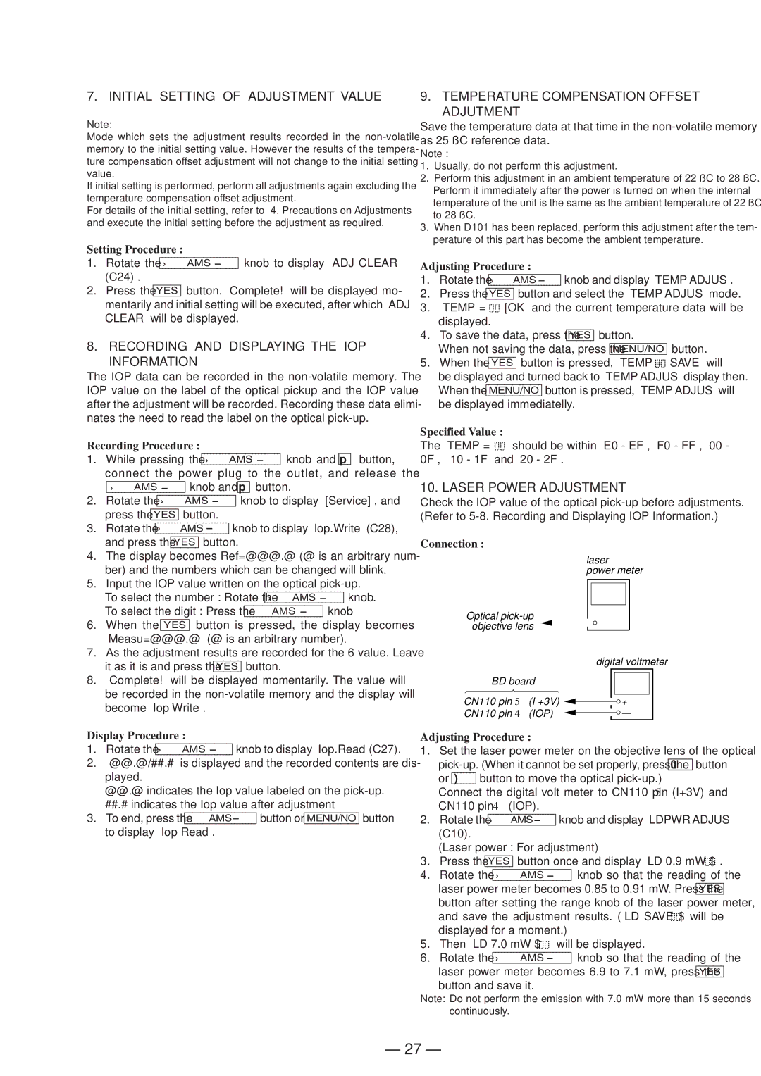 Sony MDS-JB920 Initial Setting of Adjustment Value, Recording and Displaying the IOP Information, Laser Power Adjustment 