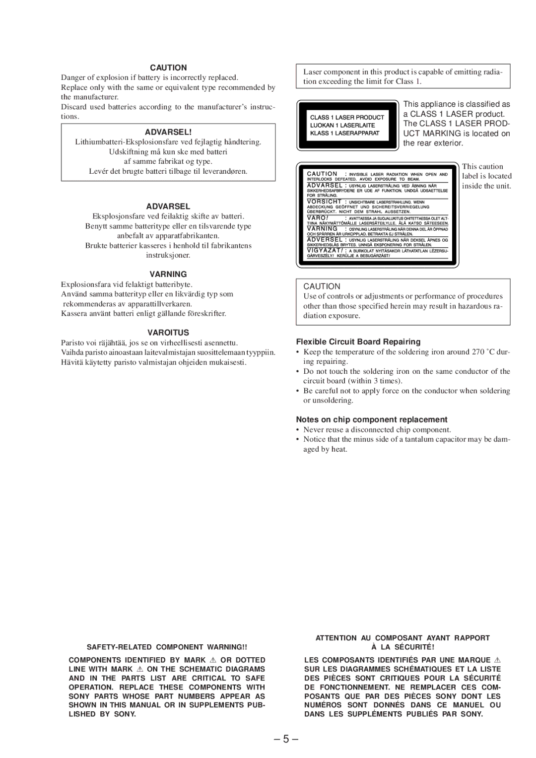 Sony MDS-JB920 service manual Varning, Varoitus, Flexible Circuit Board Repairing 