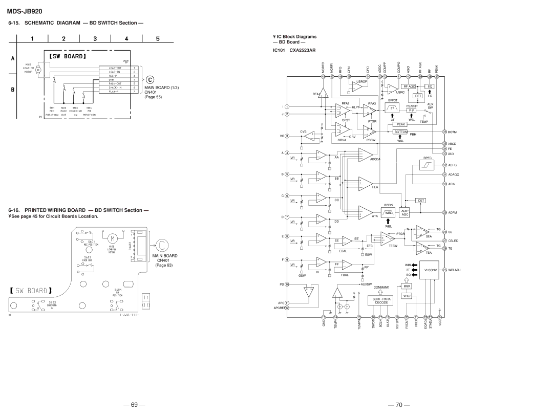 Sony MDS-JB920 service manual Schematic Diagram BD Switch Section, Printed Wiring Board BD Switch Section, CXA2523AR 