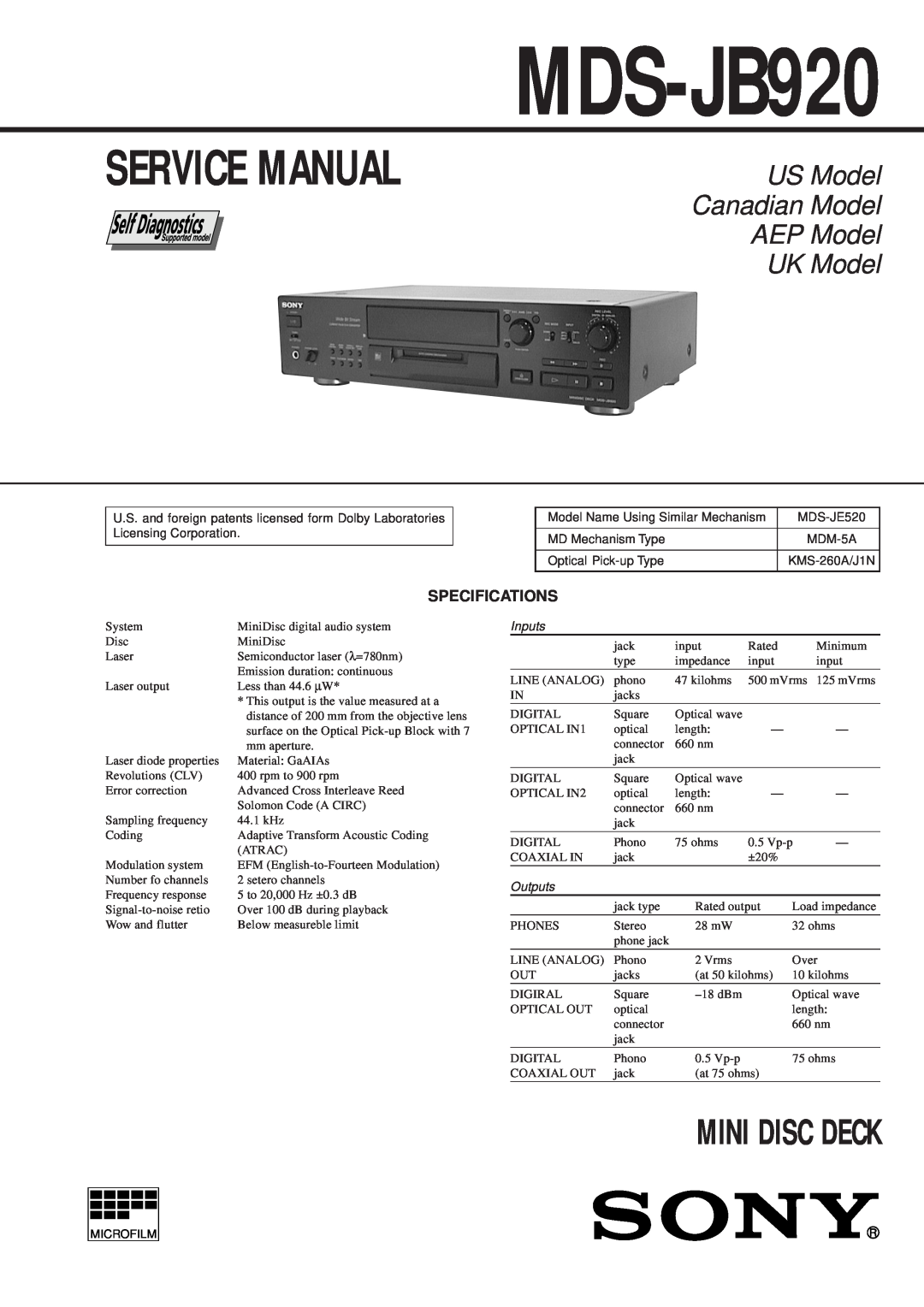 Sony MDS-JB920 service manual Specifications, Service Manual, Mini Disc Deck, US Model Canadian Model AEP Model UK Model 