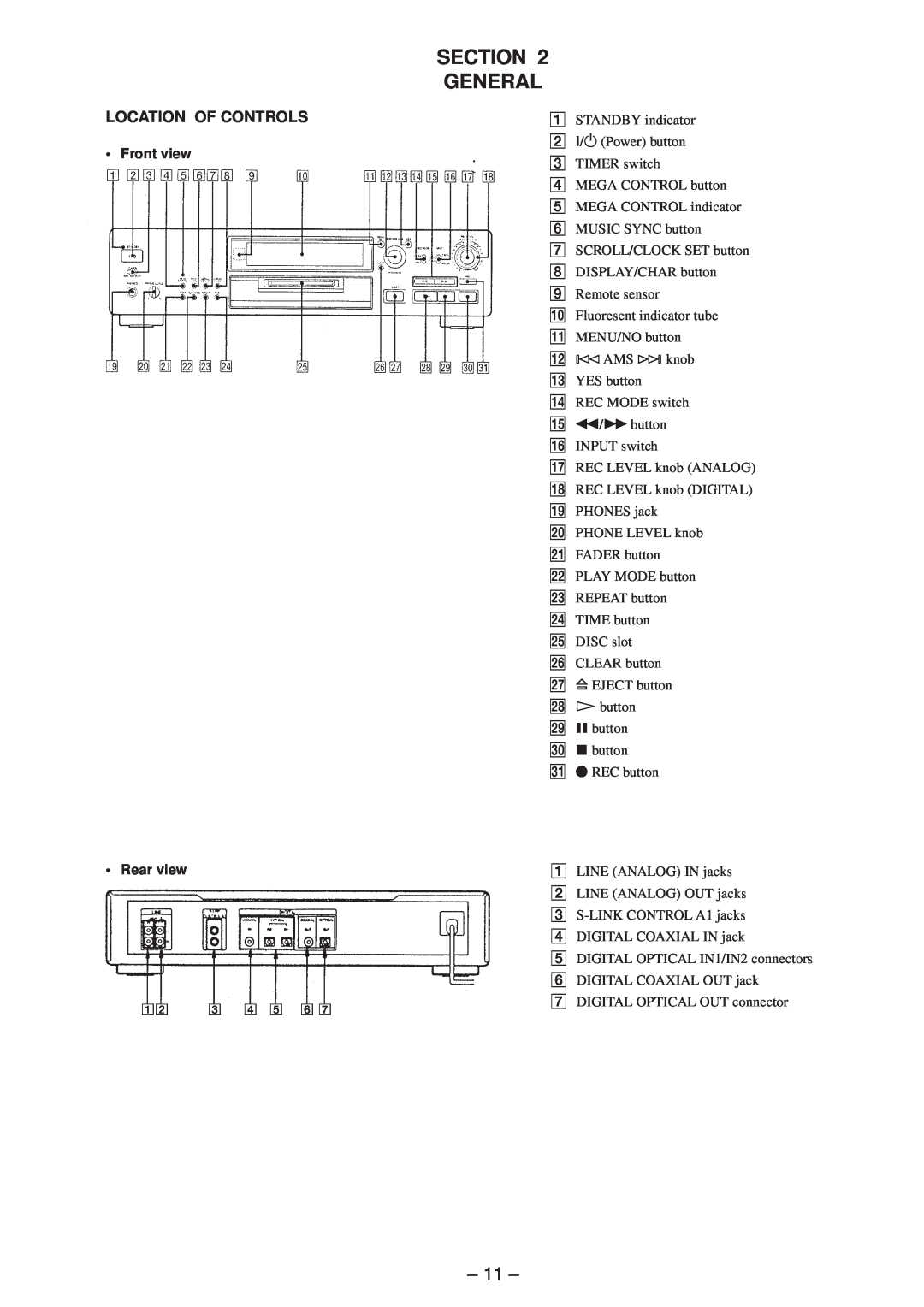 Sony MDS-JB920 service manual Section General, 11, Location Of Controls, • Front view • Rear view 