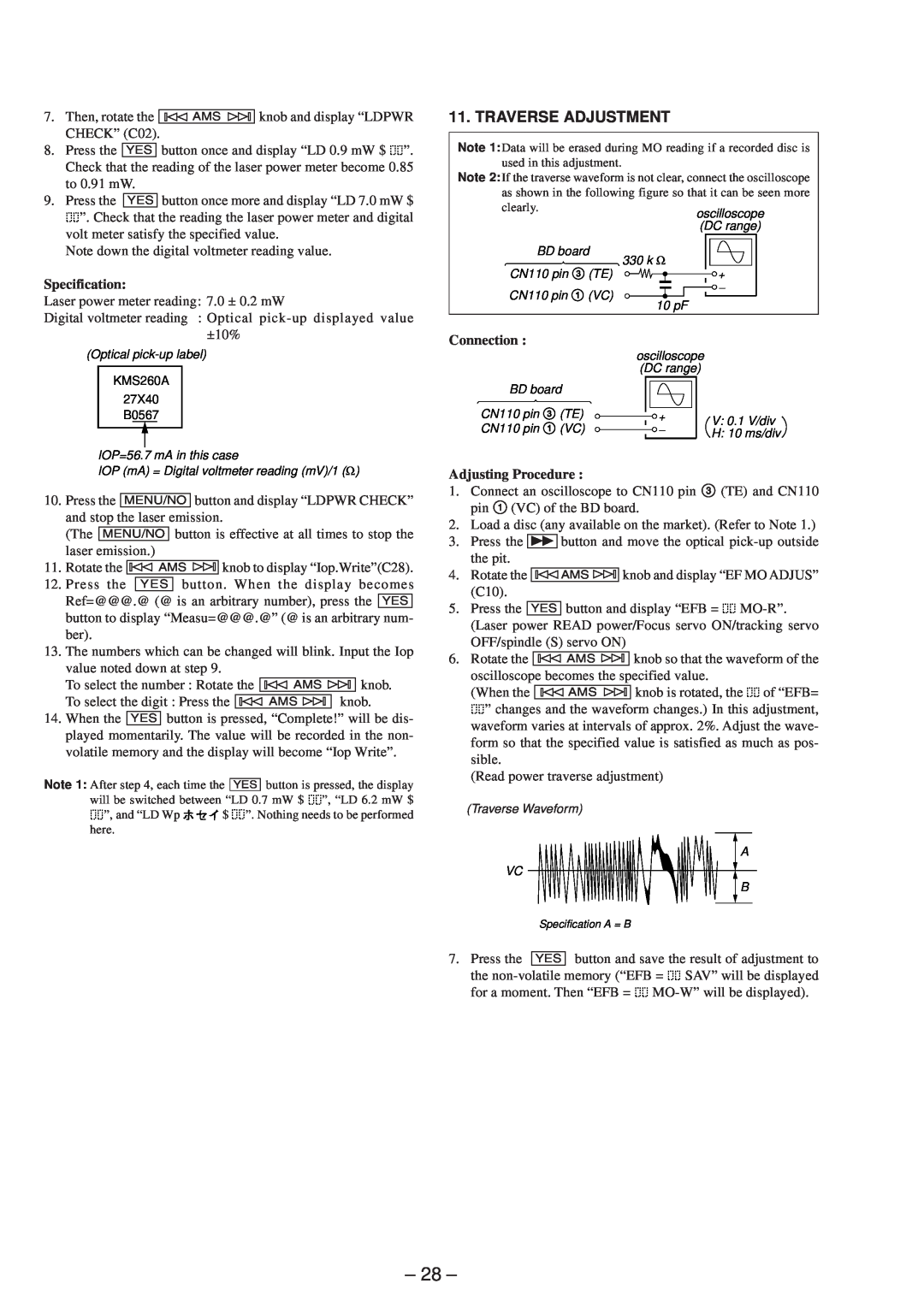 Sony MDS-JB920 service manual Traverse Adjustment, Specification, Connection, Adjusting Procedure 