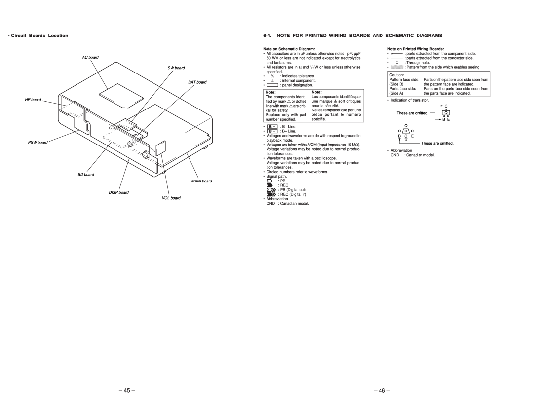 Sony MDS-JB920 service manual 45, 46, • Circuit Boards Location, Note on Schematic Diagram, Note on Printed Wiring Boards 