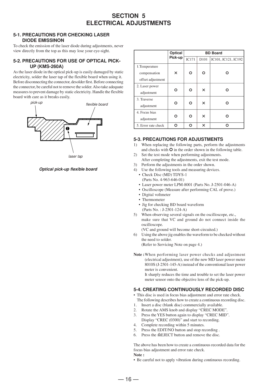 Sony MDS-JD320 Section Electrical Adjustments, Precautions for Checking Laser Diode Emissinon, Precautions for Adjustments 