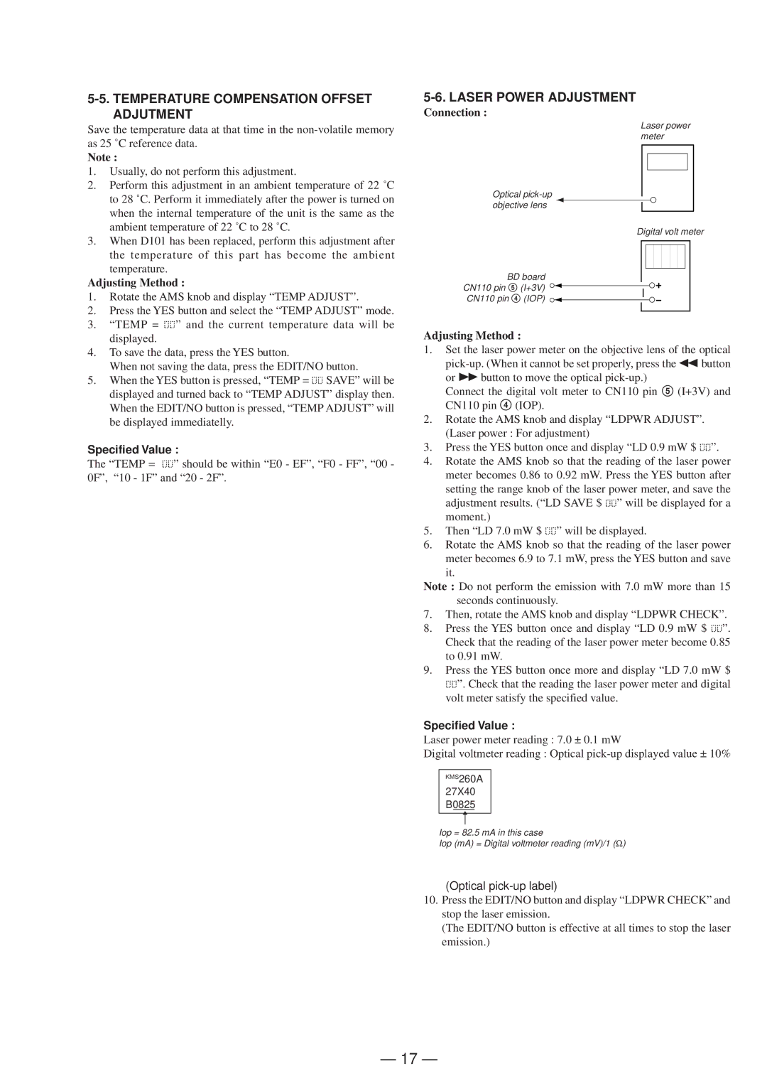 Sony MDS-JD320 service manual Temperature Compensation Offset Adjutment, Laser Power Adjustment, Specified Value 