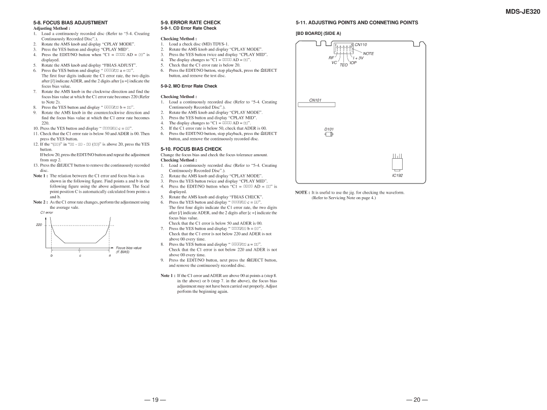 Sony MDS-JD320 MDS-JE320, Focus Bias Adjustment, Error Rate Check, Focus Bias Check, Adjusting Points and Conneting Points 