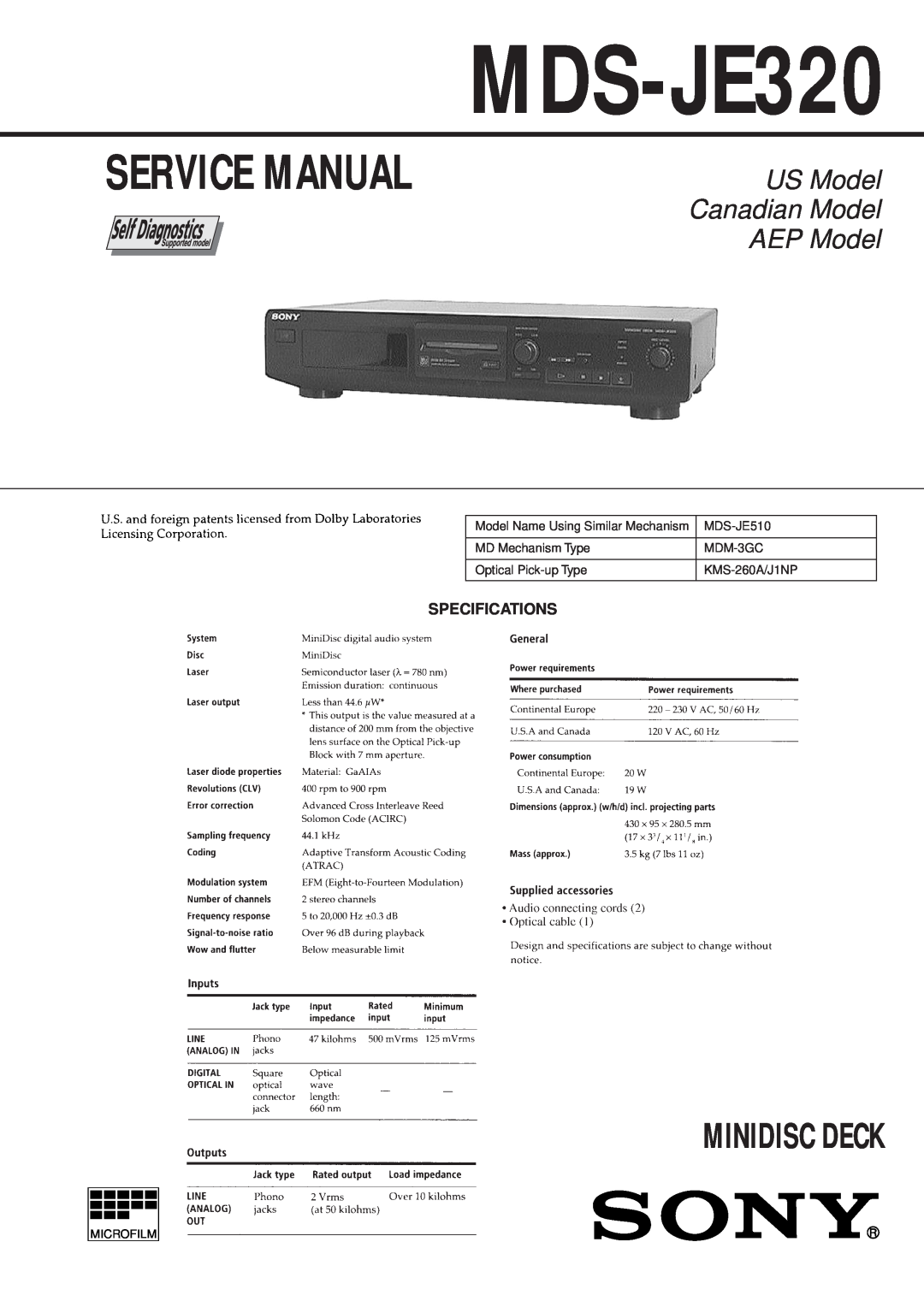 Sony MDS-JD320 service manual Specifications, MDS-JE320, Minidisc Deck, US Model Canadian Model AEP Model 