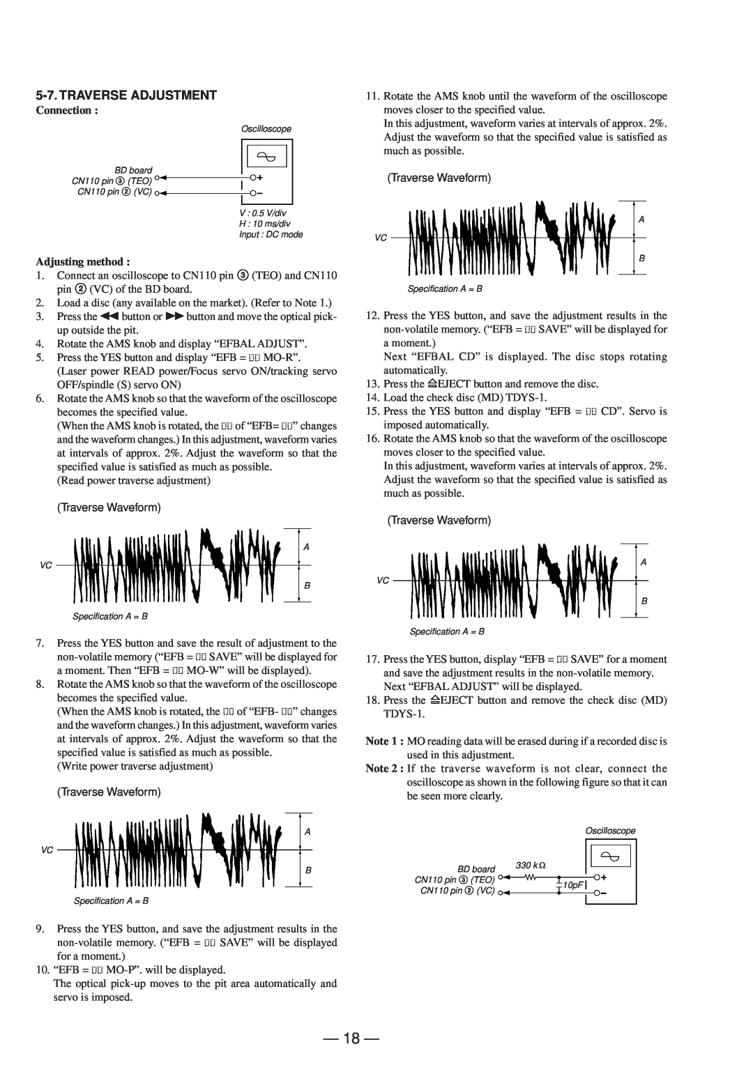 Sony MDS-JD320 service manual Traverse Adjustment, Adjusting method, Connection 