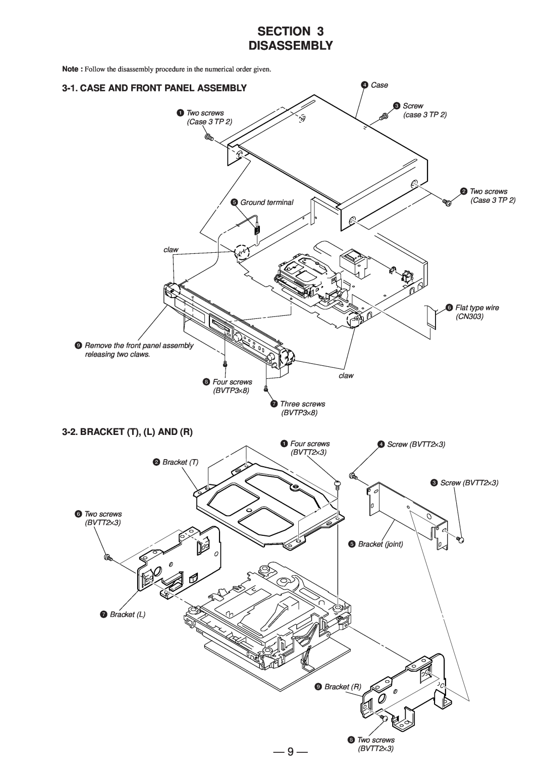 Sony MDS-JD320 service manual Section Disassembly, Case And Front Panel Assembly, Bracket T, L And R 