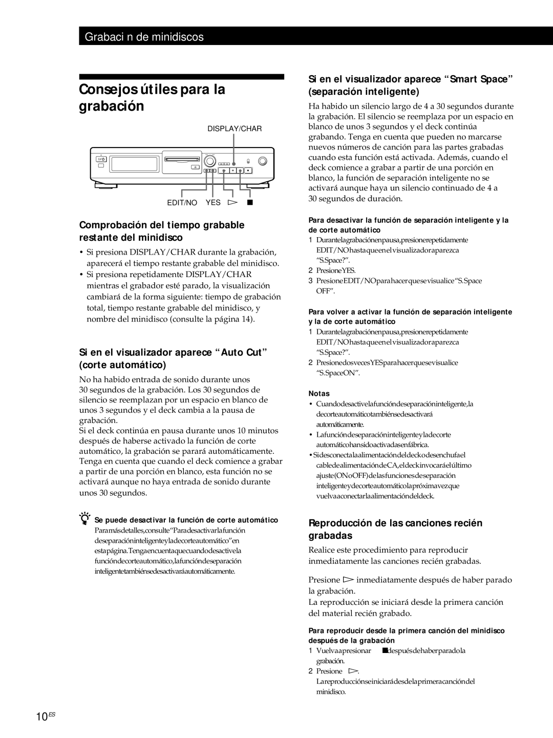 Sony MDS-JE320 manual Consejos útiles para la grabación, Comprobación del tiempo grabable restante del minidisco 