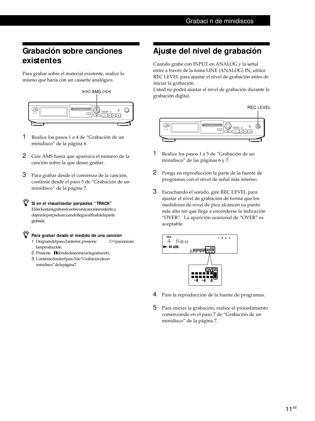 Sony MDS-JE320 Grabación sobre canciones existentes, Ajuste del nivel de grabación, Si en el visualizador parpadea Track 