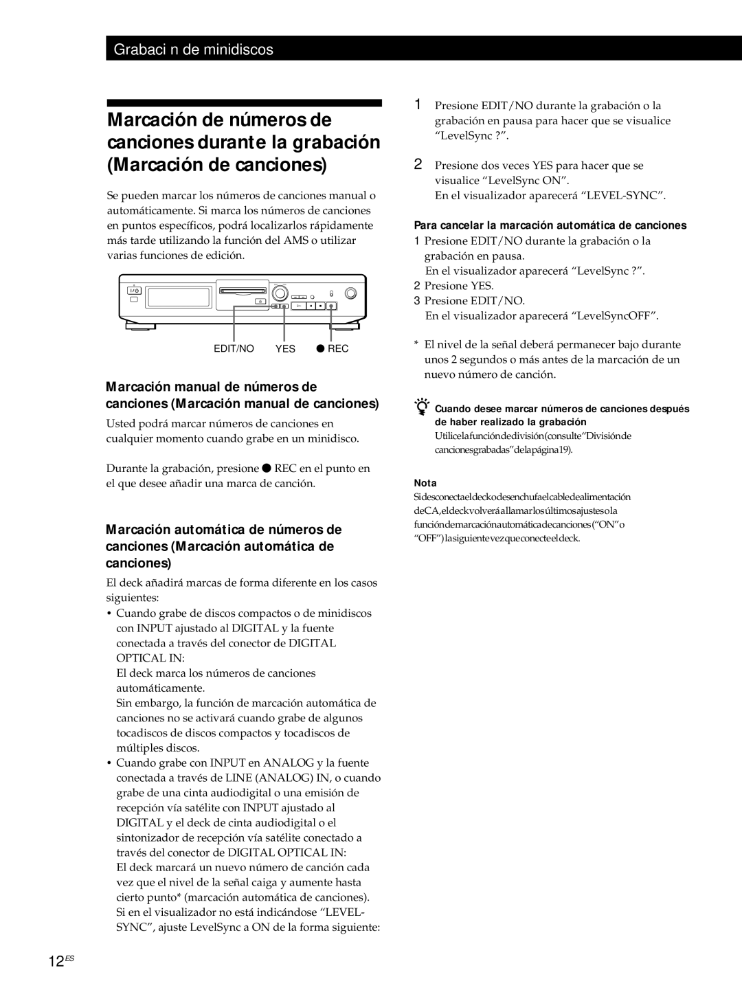 Sony MDS-JE320 manual Para cancelar la marcación automática de canciones, Nota 