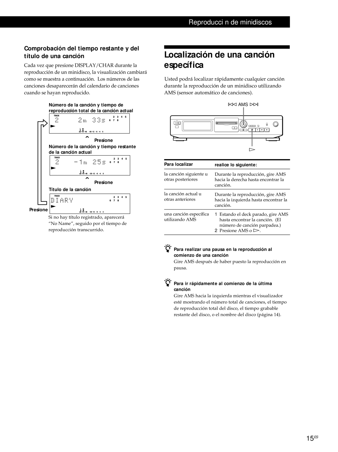 Sony MDS-JE320 manual Localización de una canción específica, Para localizar Realice lo siguiente 