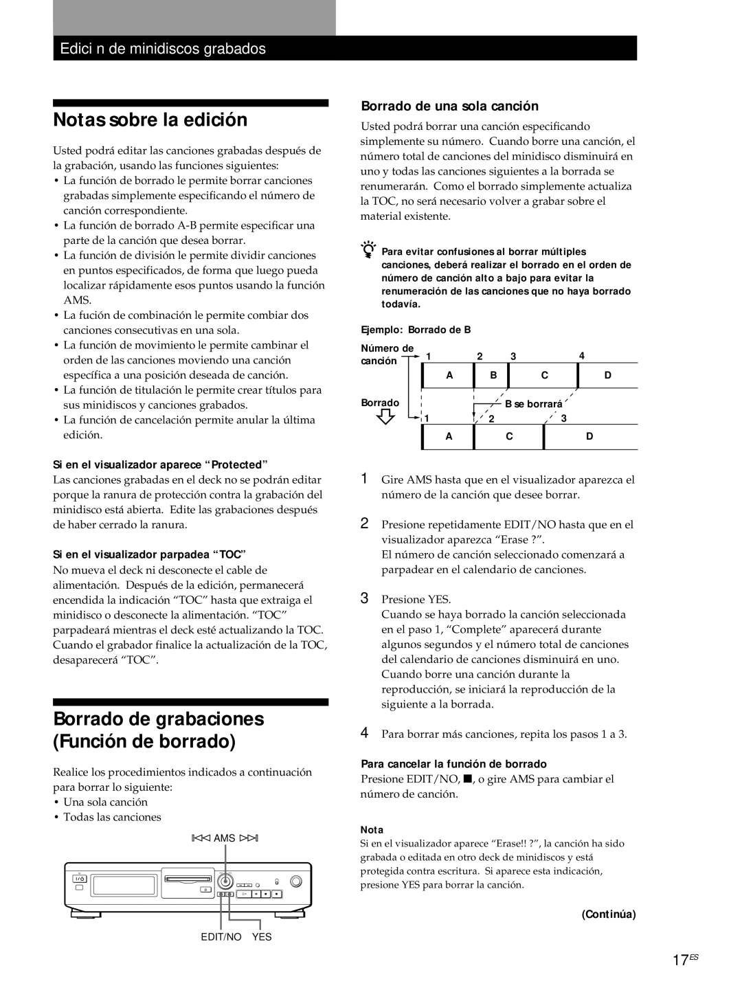 Sony MDS-JE320 manual Notas sobre la edición, Borrado de grabaciones Función de borrado, Borrado de una sola canción 